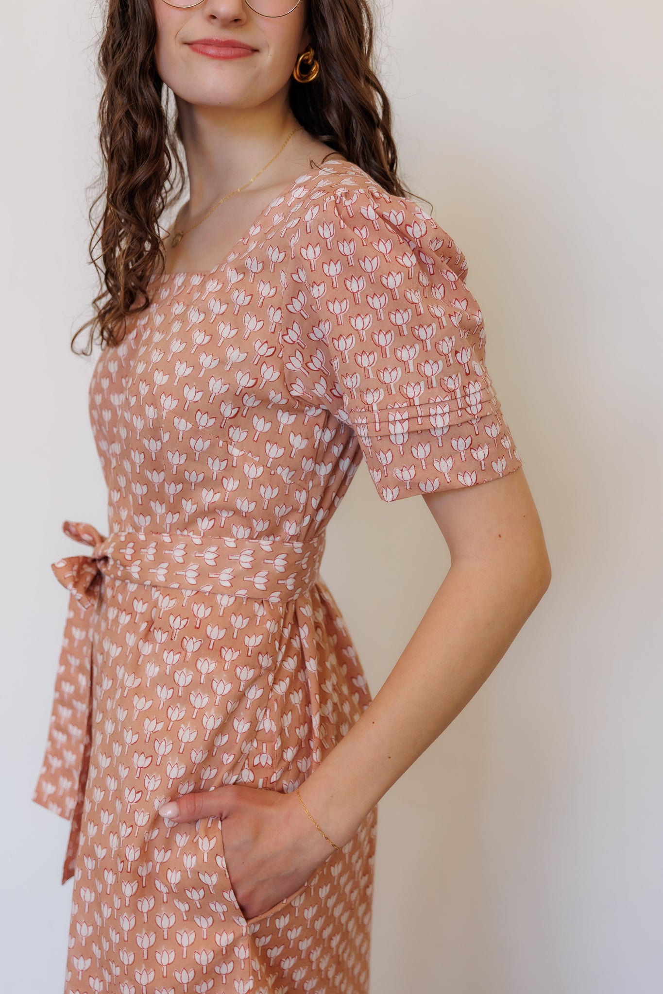 pink block print dress Maisie Maxi Dress in Pink Posy block print