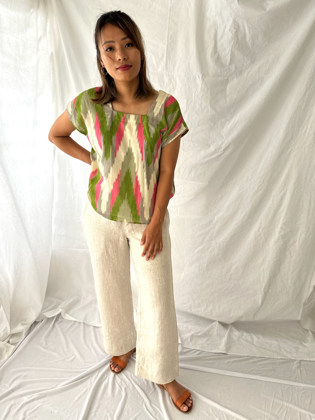 Turquoise and White Batik Print Square Neck Top - XXL