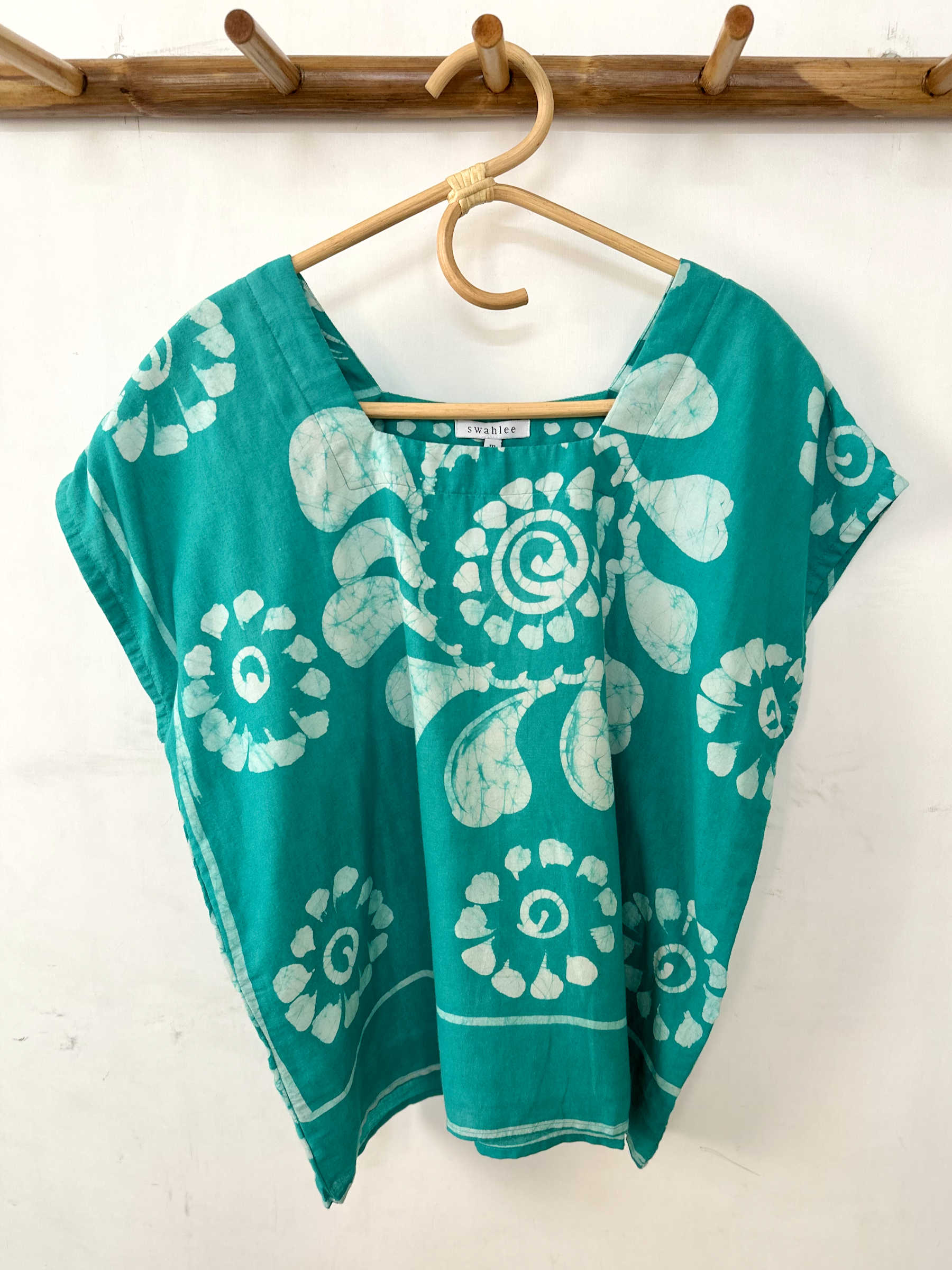 Turquoise and White Batik Print Square Neck Top - XXL