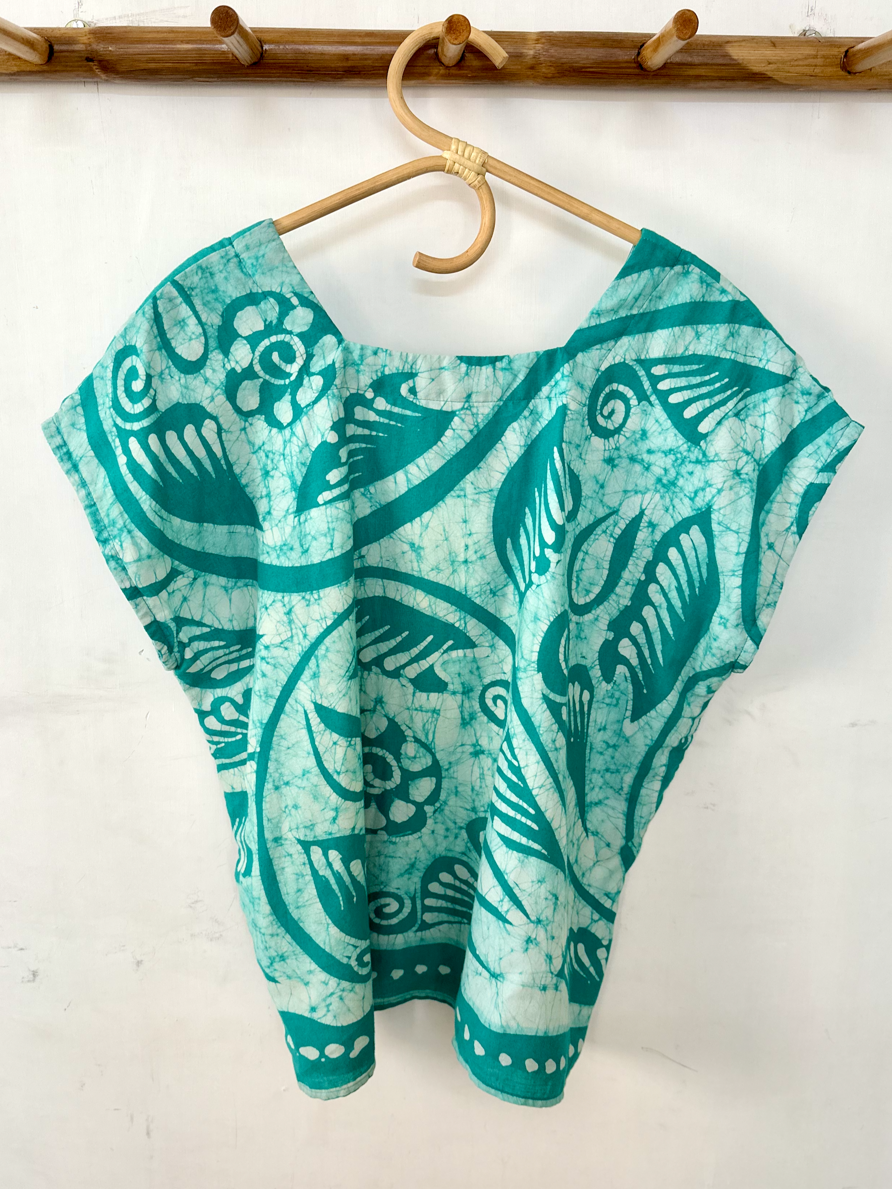 Turquoise and White Batik Print Square Neck Top - XXL