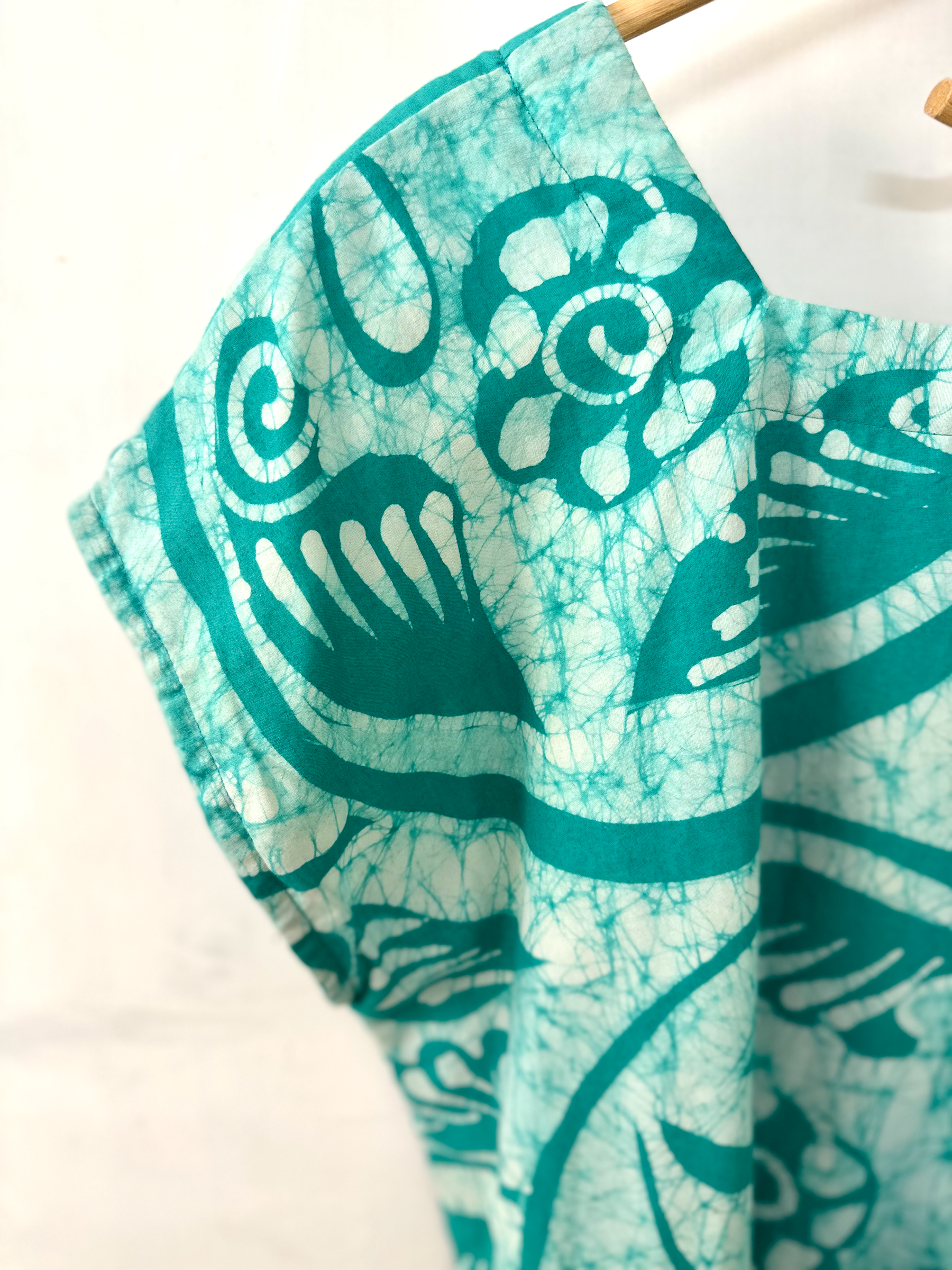 Turquoise and White Batik Print Square Neck Top - XXL