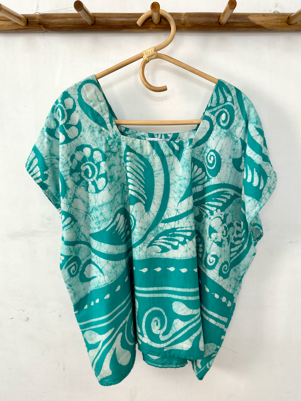 Turquoise and White Batik Print Square Neck Top - XXL