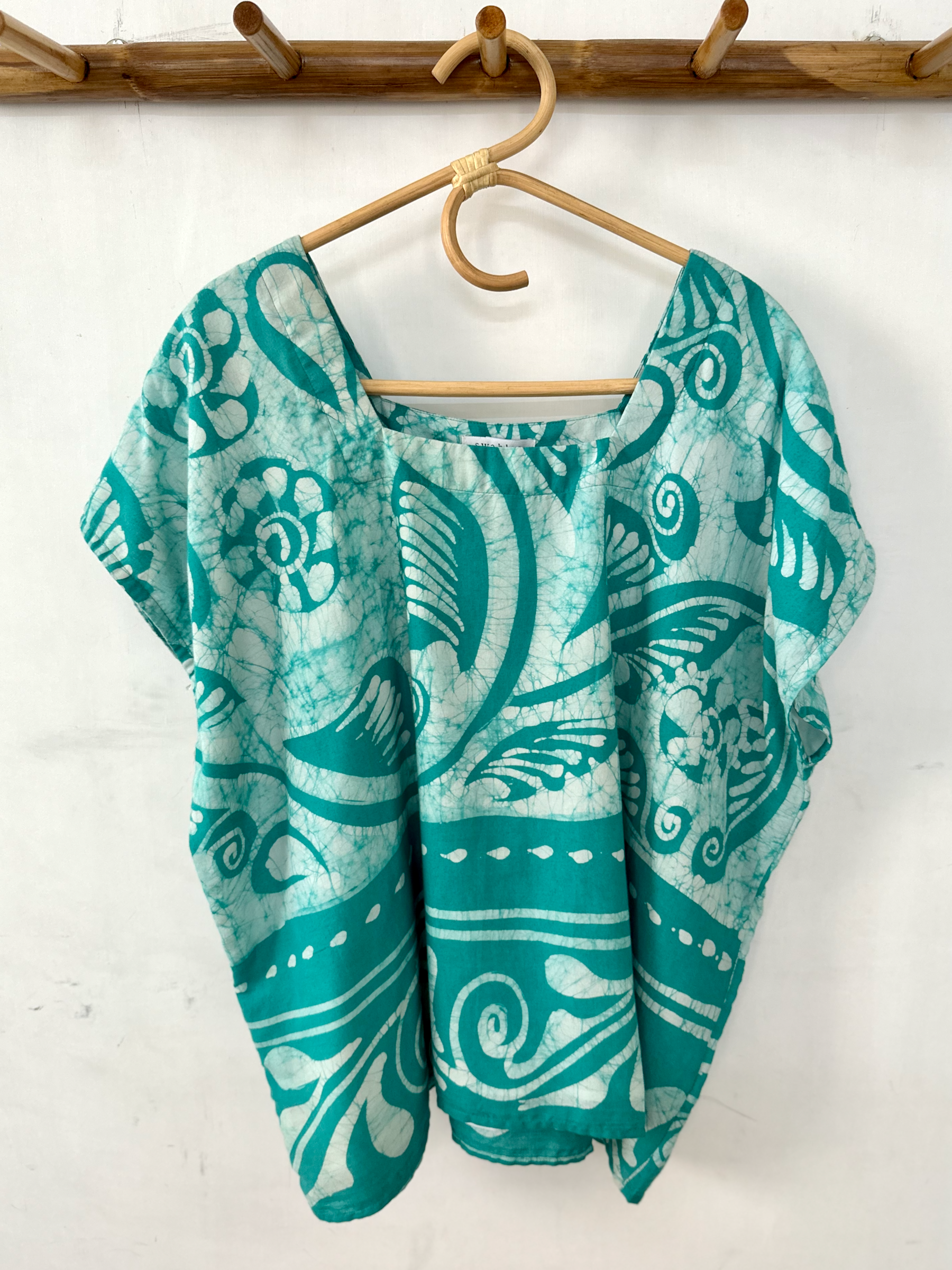 Turquoise and White Batik Print Square Neck Top - XXL