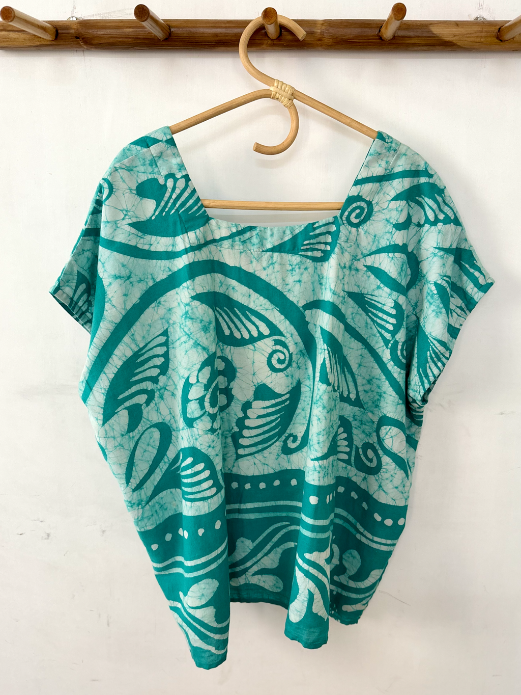 Turquoise and White Batik Print Square Neck Top - XXL
