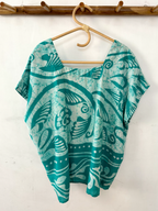 Turquoise and White Batik Print Square Neck Top - XXL
