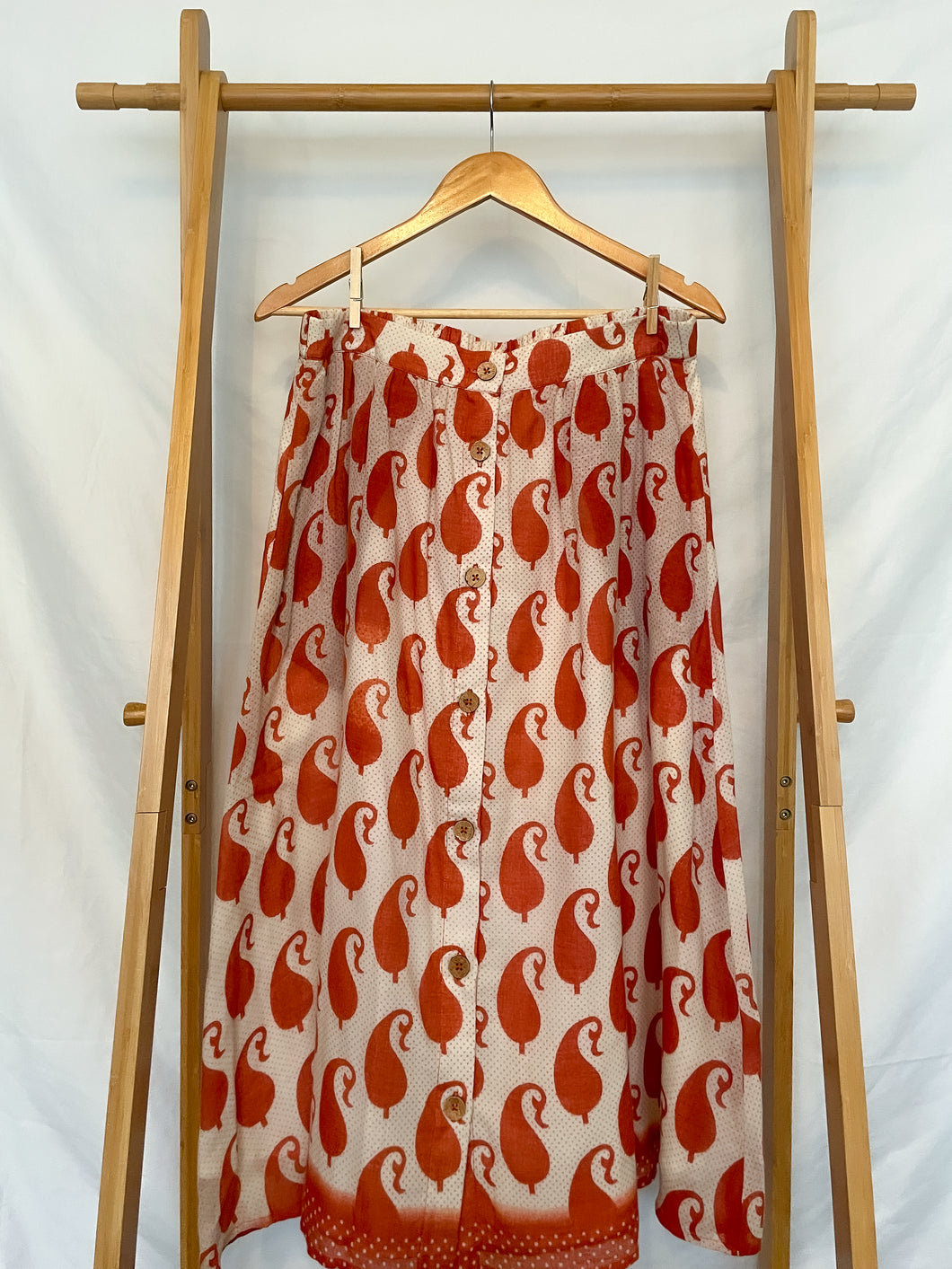 Orange Paisley & Polka Dots Button Midi Skirt - L