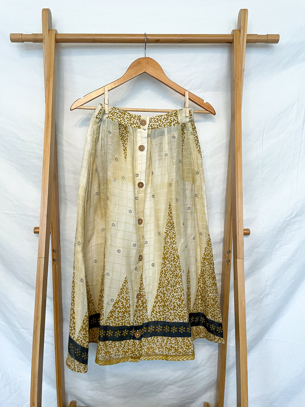 Branches & Plaid Mustard Green Button Midi Skirt - XS