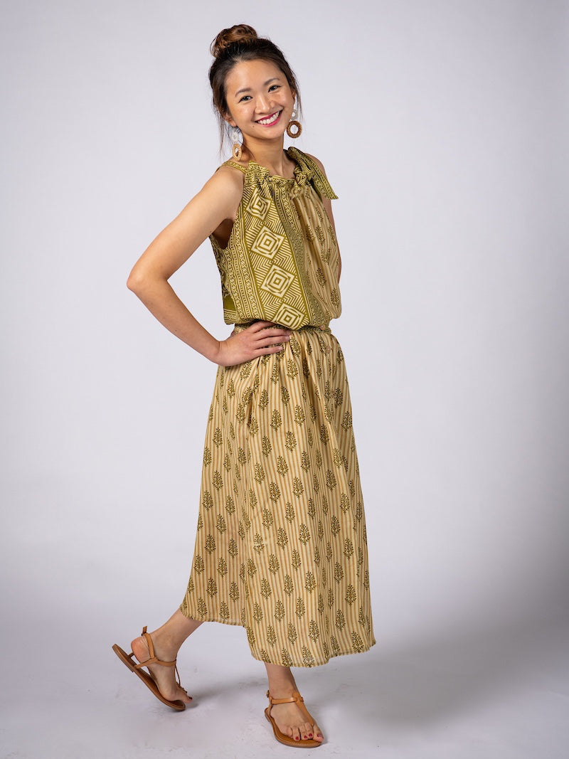Orange & Brown Batik-inspired Button Midi Skirt - XXL