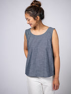 Swahlee creates a handmade capsule wardrobe of clothing essentials made in India using sustainable production and natural fabrics. The Sleeveless Reversible Top in Chambray Cotton. 