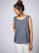 Load image into Gallery viewer, Swahlee creates a handmade capsule wardrobe of clothing essentials made in India using sustainable production and natural fabrics. The Sleeveless Reversible Top in Chambray Cotton. 
