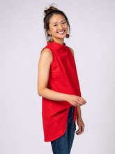 Load image into Gallery viewer, Swahlee creates a handmade capsule wardrobe of clothing essentials made in India using sustainable production and natural fabrics. The Stand Collar Tunic in Red.
