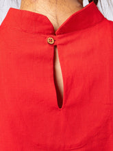 Load image into Gallery viewer, Swahlee creates a handmade capsule wardrobe of clothing essentials made in India using sustainable production and natural fabrics. the Stand Collar Tunic in Red. Coconut button detail. 
