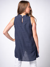 Load image into Gallery viewer, Swahlee creates a handmade capsule wardrobe of clothing essentials made in India using sustainable production and natural fabrics. The Stand Collar Tunic in Navy.
