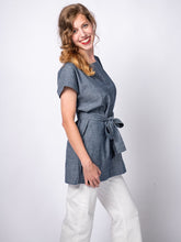 Load image into Gallery viewer, Swahlee creates a handmade capsule wardrobe of clothing essentials made in India using sustainable production and natural fabrics. The Kaftan Tunic in Chambray.

