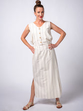 Load image into Gallery viewer, Swahlee creates a handmade capsule wardrobe of clothing essentials made in India using sustainable production and natural fabrics. The Wrap Maxi Skirt in Natural with Sage Stripes.
