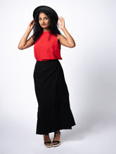 Load image into Gallery viewer, Swahlee creates a handmade capsule wardrobe of clothing essentials made in India using sustainable production and natural fabrics. The Wrap Maxi Skirt in Black.
