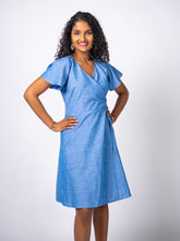 Load image into Gallery viewer, Swahlee creates a handmade capsule wardrobe of clothing essentials made in India using sustainable production and natural fabrics. The Wrap Dress in True Blue.
