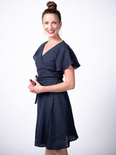 Load image into Gallery viewer, Swahlee creates a handmade capsule wardrobe of clothing essentials made in India using sustainable production and natural fabrics. The Wrap Dress in Navy.
