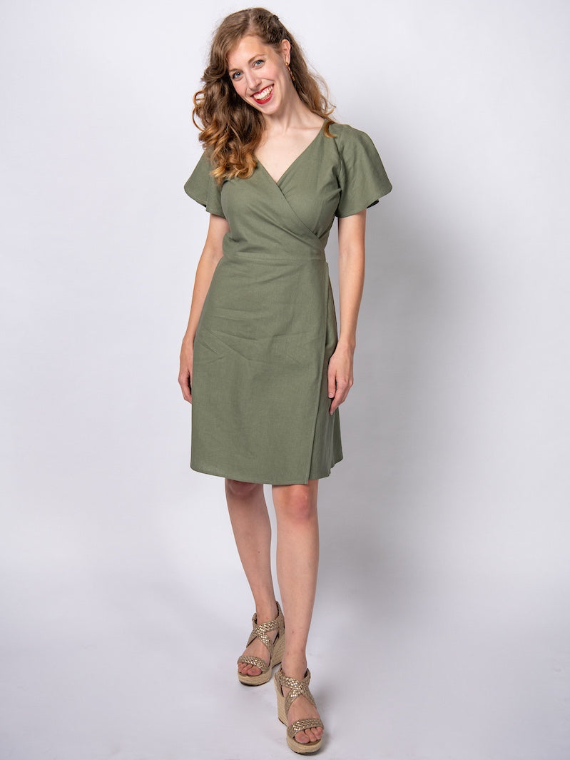 Swahlee creates a handmade capsule wardrobe of clothing essentials made in India using sustainable production and natural fabrics. The Wrap Dress in Sage Green.