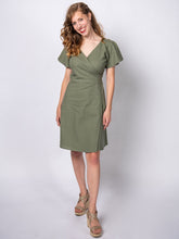 Load image into Gallery viewer, Swahlee creates a handmade capsule wardrobe of clothing essentials made in India using sustainable production and natural fabrics. The Wrap Dress in Sage Green.
