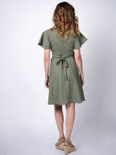 Load image into Gallery viewer, Swahlee creates a handmade capsule wardrobe of clothing essentials made in India using sustainable production and natural fabrics. The Wrap Dress in Sage Green. 
