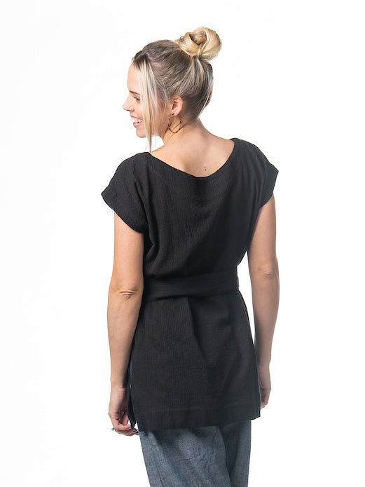Swahlee creates a handmade capsule wardrobe of clothing essentials made in India using sustainable production and natural fabrics. The Kaftan Tunic in  Sheer Striped Black.