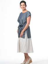 Load image into Gallery viewer, Swahlee creates a handmade capsule wardrobe of clothing essentials made in India using sustainable production and natural fabrics. The Kaftan Tunic in Chambray.
