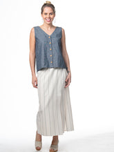 Load image into Gallery viewer, Swahlee creates a handmade capsule wardrobe of clothing essentials made in India using sustainable production and natural fabrics. The Wrap Maxi Skirt in Natural with Sage Stripes.
