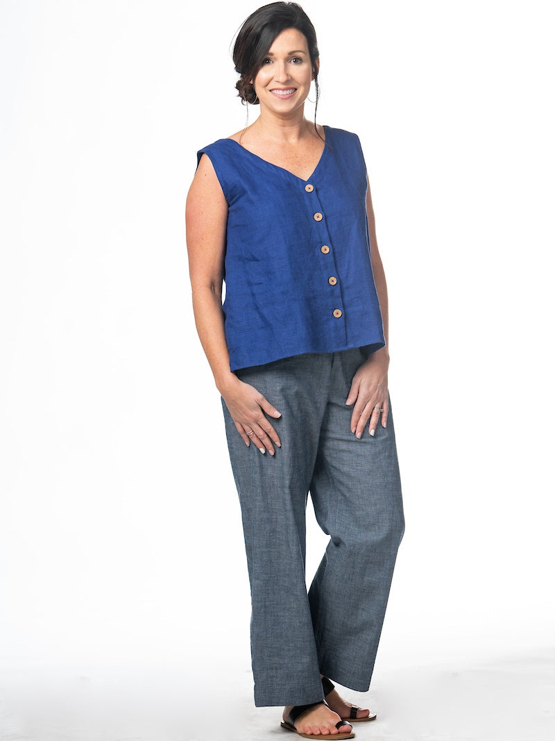 Swahlee creates a handmade capsule wardrobe of clothing essentials made in India using sustainable production and natural fabrics. The Sleeveless Reversible Top in Royal Blue Linen.