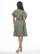 Load image into Gallery viewer, Swahlee creates a handmade capsule wardrobe of clothing essentials made in India using sustainable production and natural fabrics. The Wrap Dress in Sage Green.
