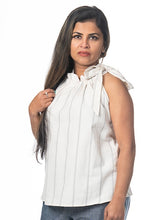 Load image into Gallery viewer, Swahlee creates a handmade capsule wardrobe of clothing essentials made in India using sustainable production and natural fabrics. The Tie-Neck Halter Top in Natural with Sage Stripes. 
