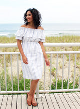 Load image into Gallery viewer, The Brave Dress in white with varied indigo stripe, size Extra Small
