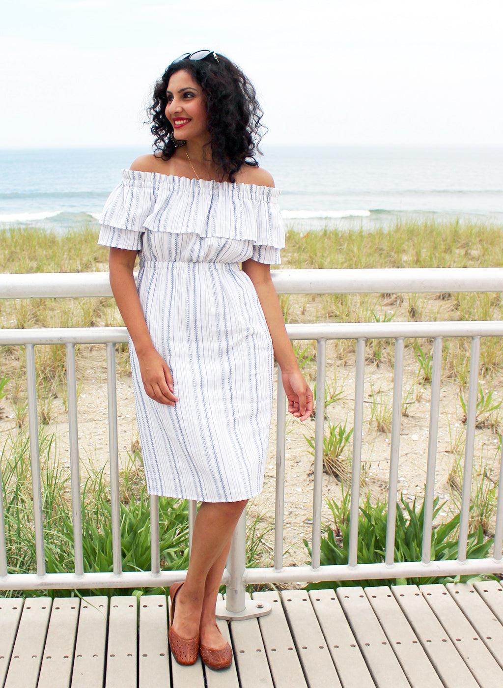 The Brave Dress in white with varied indigo stripe, size Extra Small