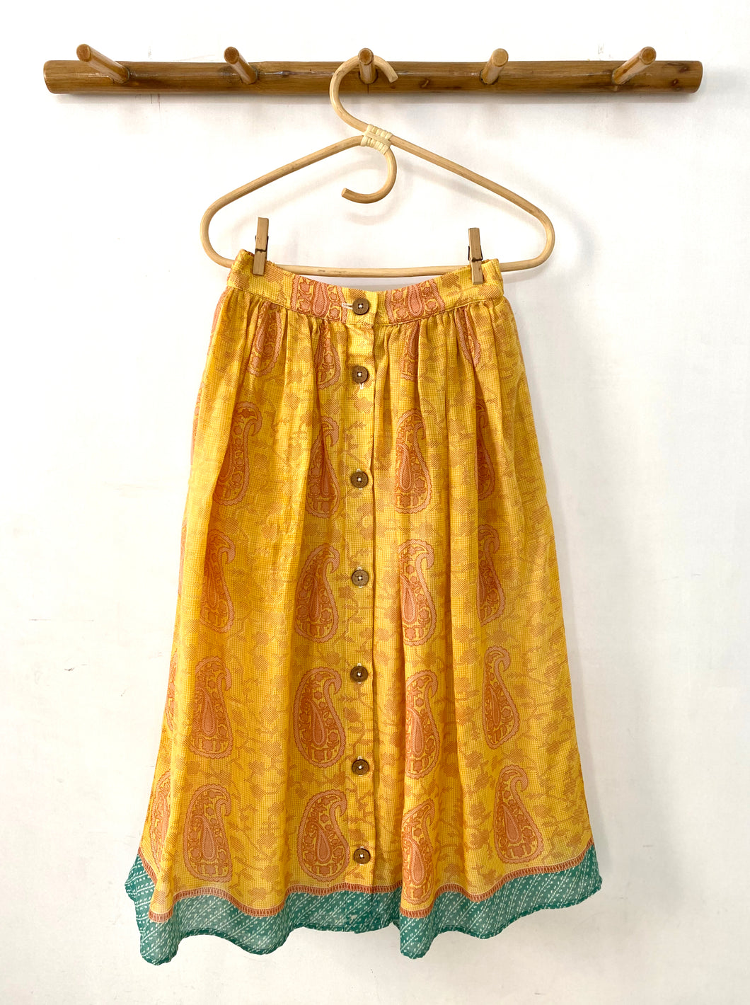 Yellow With Brown Paisely Button Midi Skirt - XS