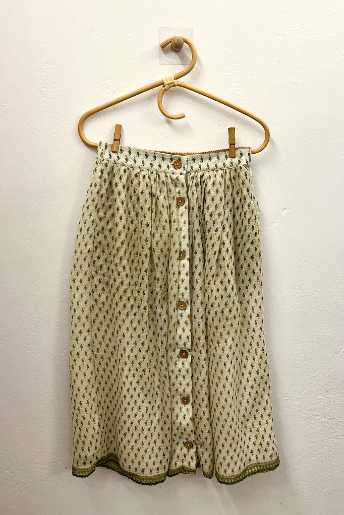 Green & White Floral Paisley Button Midi Skirt - XS
