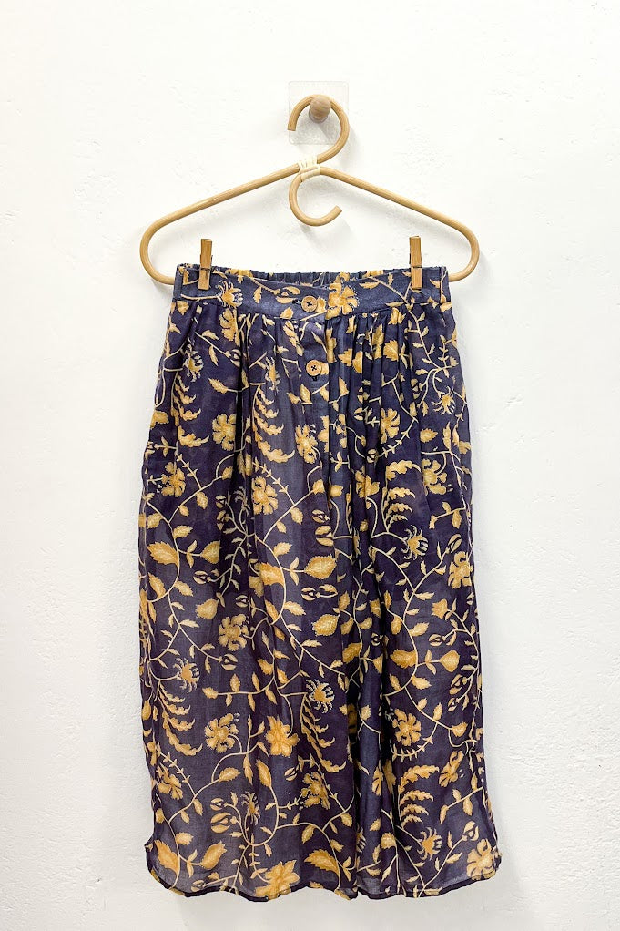 Navy & Tan Floral Button Midi Skirt - XXS