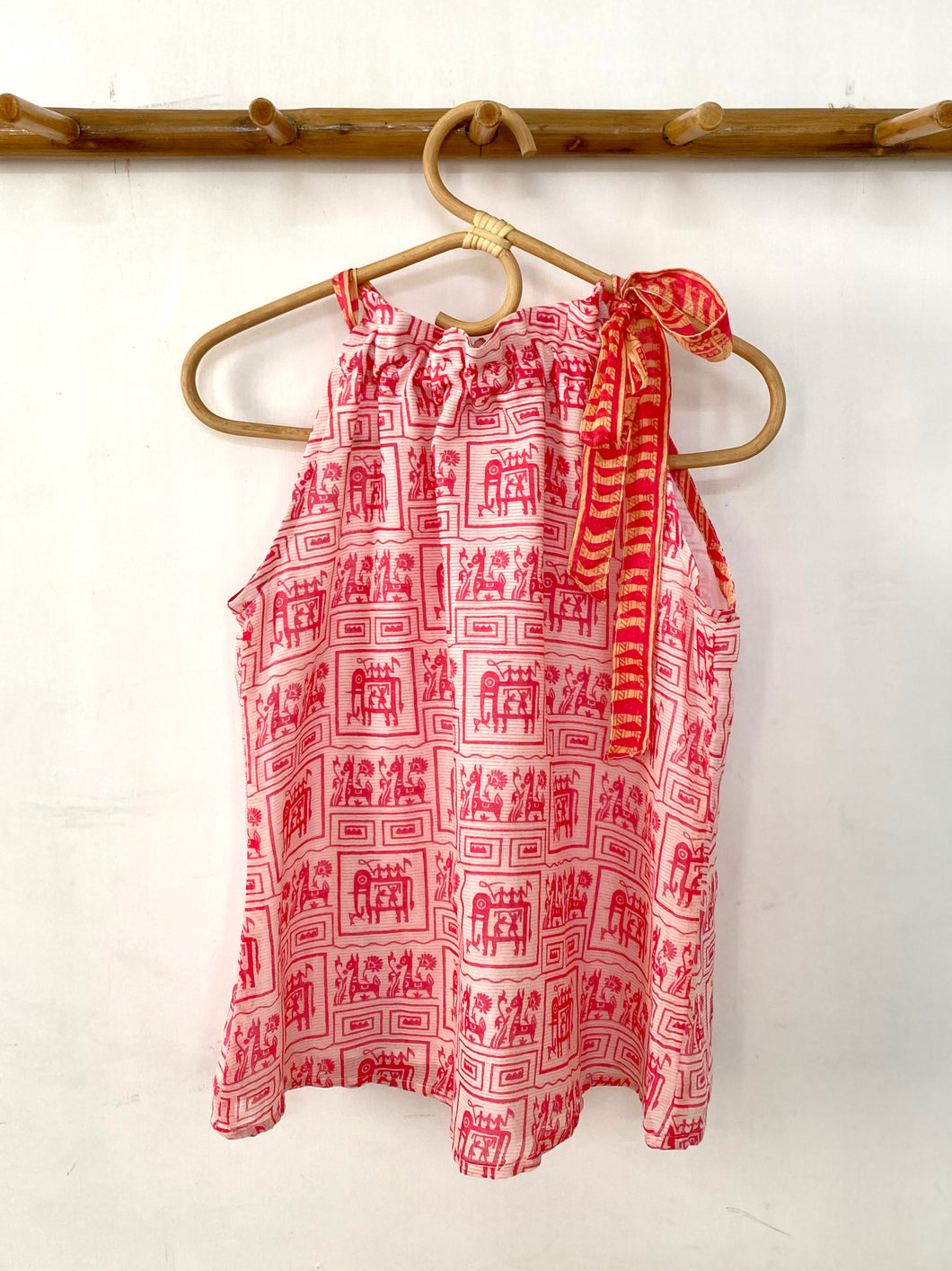 Bright Pink Warli-inspired Tie-Neck Halter Top - XS
