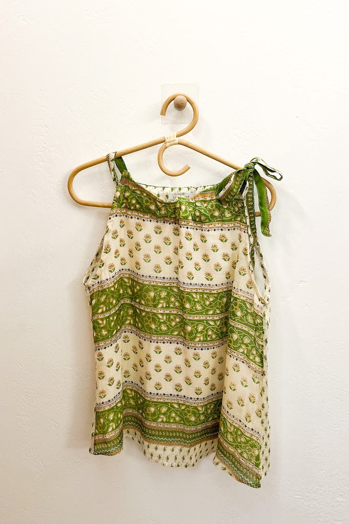Green & White Floral Paisley Tie-Neck Halter Top - XS