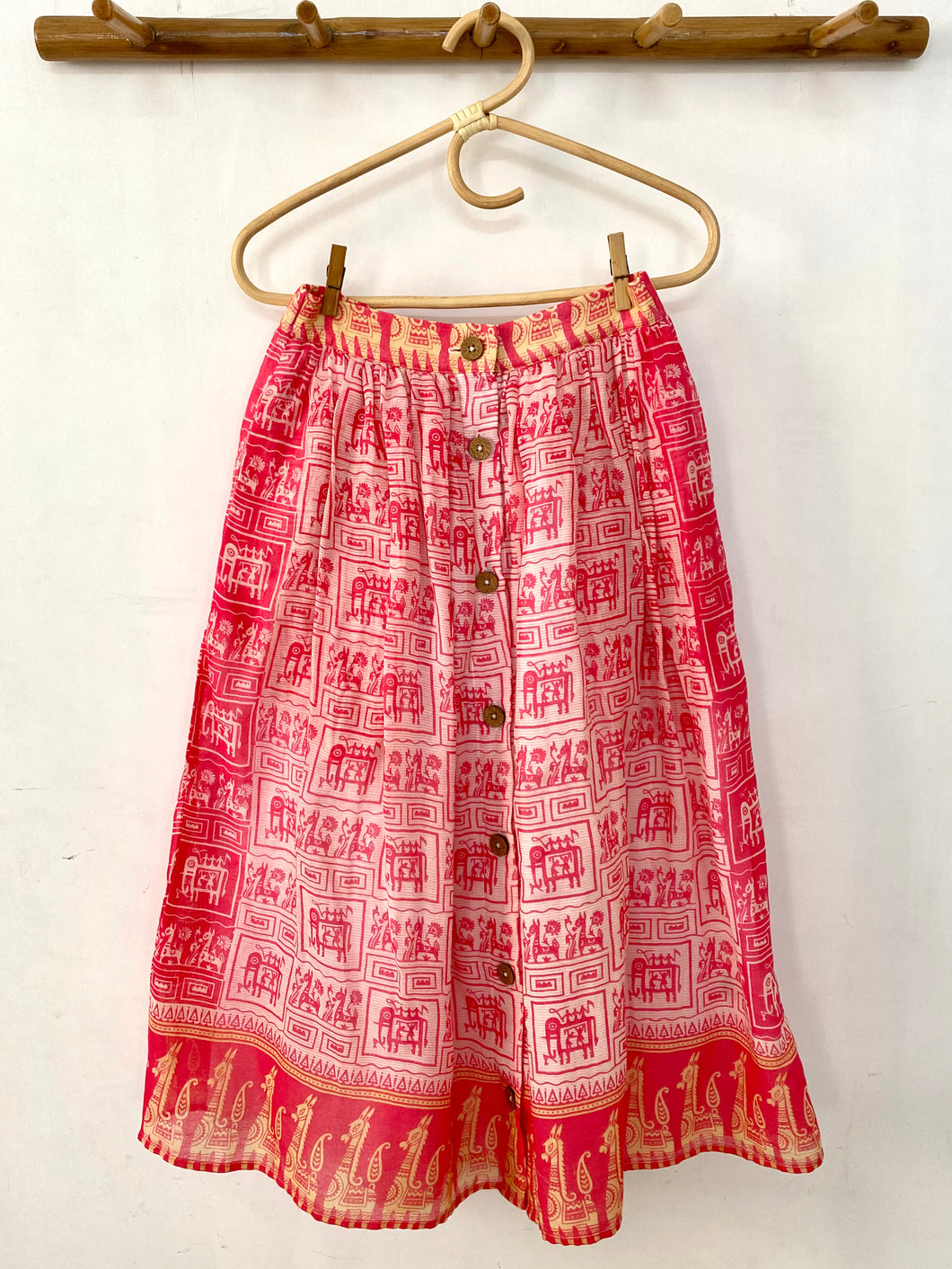Bright Pink Warli-inspired Button Midi Skirt - XS